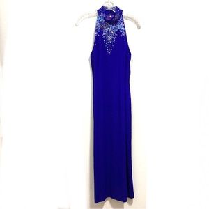 Daymor Couture Sleeveless Metallic Sequin Blue Halter Prom Evening Gown
